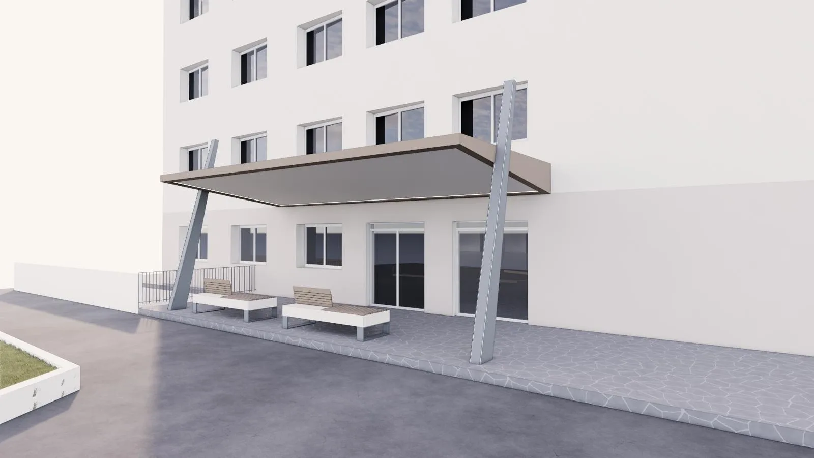 Render di progetto per una copertura metallica esterna