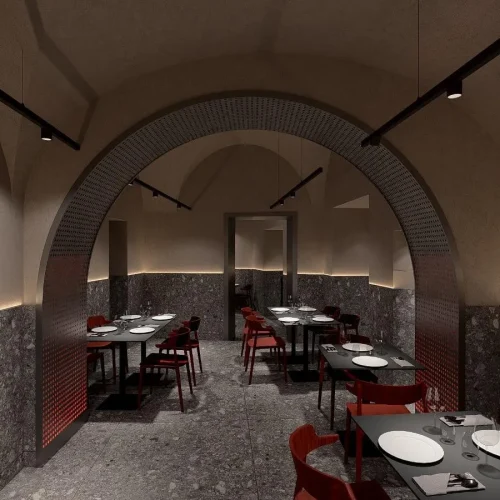 Render di un interno con grande struttura metallica ad arco