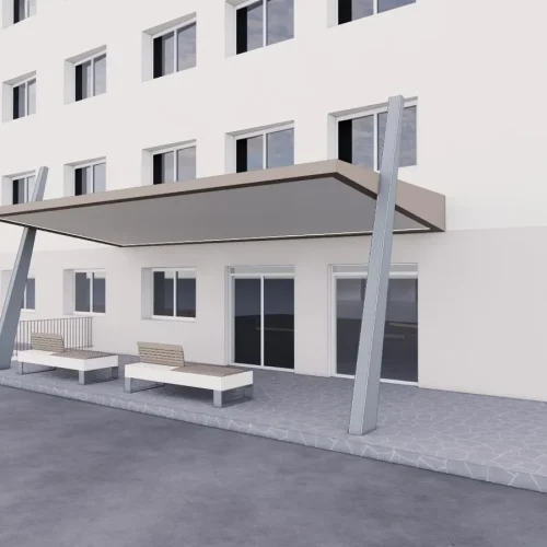 Render di progetto per una copertura metallica esterna